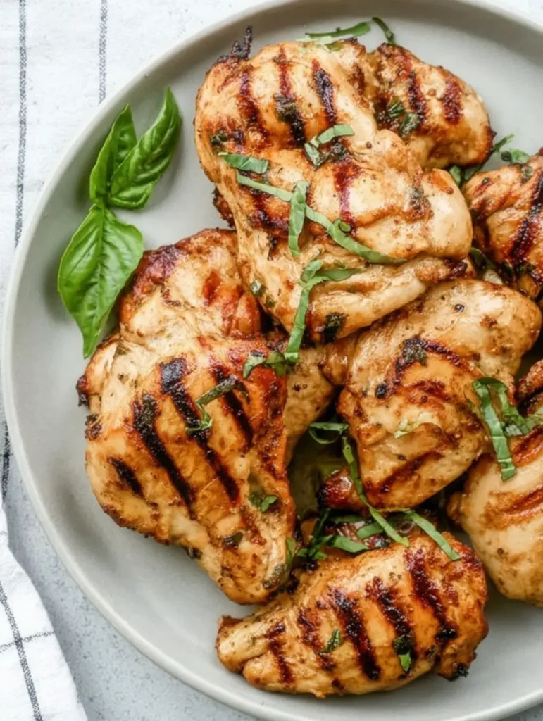 A top-down view of perfectly grilled chicken garnished with fresh basil, an excellent example of easy grilled chicken recipes.