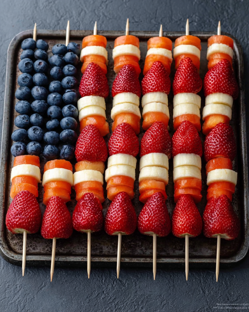 American Flag Fruit Kabobs Recipe with strawberries, bananas, blueberries, and melon on skewers