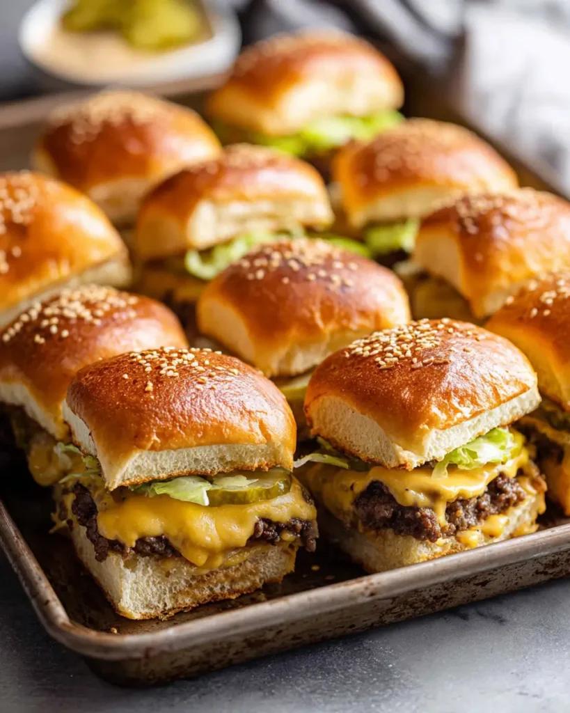 Big Mac-style cheeseburger sliders topped with melted cheese, pickles, and lettuce on sesame buns