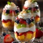 Fruit Cocktail Dessert Cups with fresh fruit, vanilla cream, and cookie layers