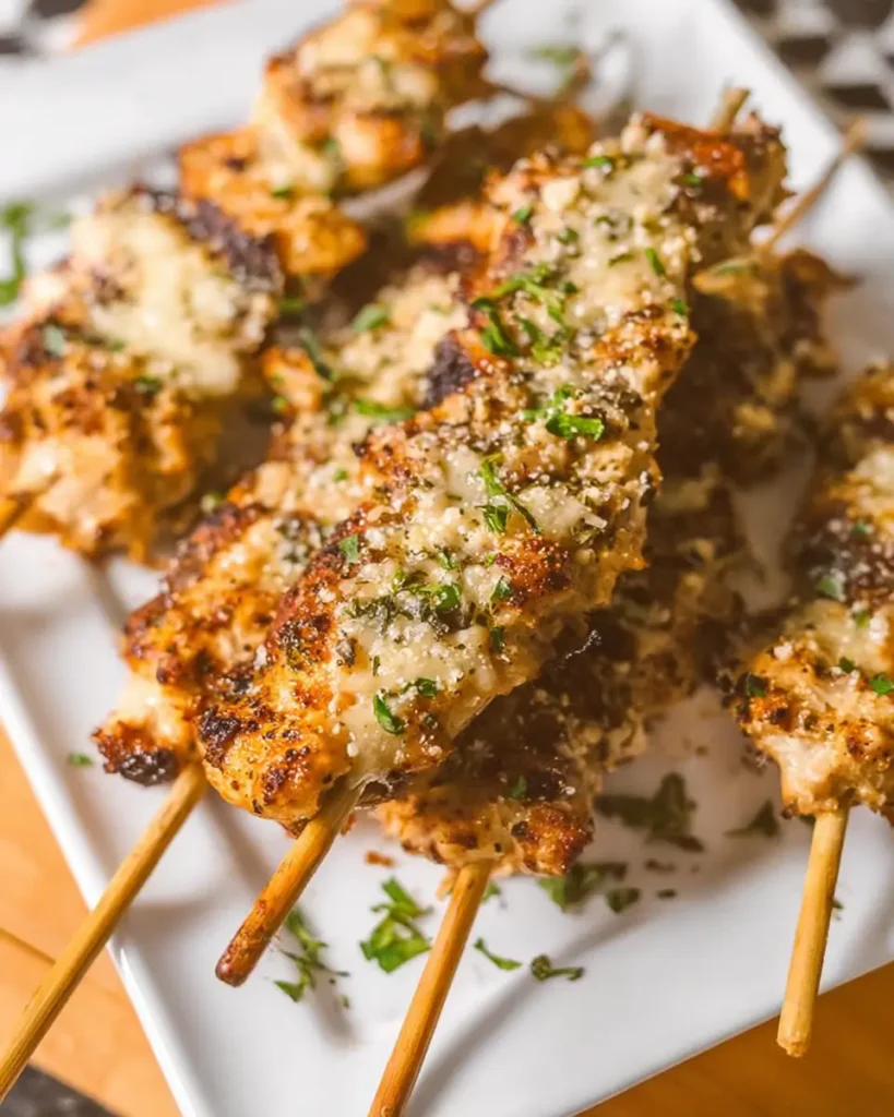 Grilled garlic parmesan ranch chicken skewers topped with parmesan cheese and fresh herbs
