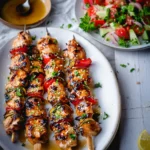 Grilled honey garlic chicken skewers served with fresh cucumber tomato salad and dipping sauce