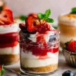 Mini Cheesecakes in Cheesecake Jars layered with cheesecake filling, berry sauce, and fresh strawberries