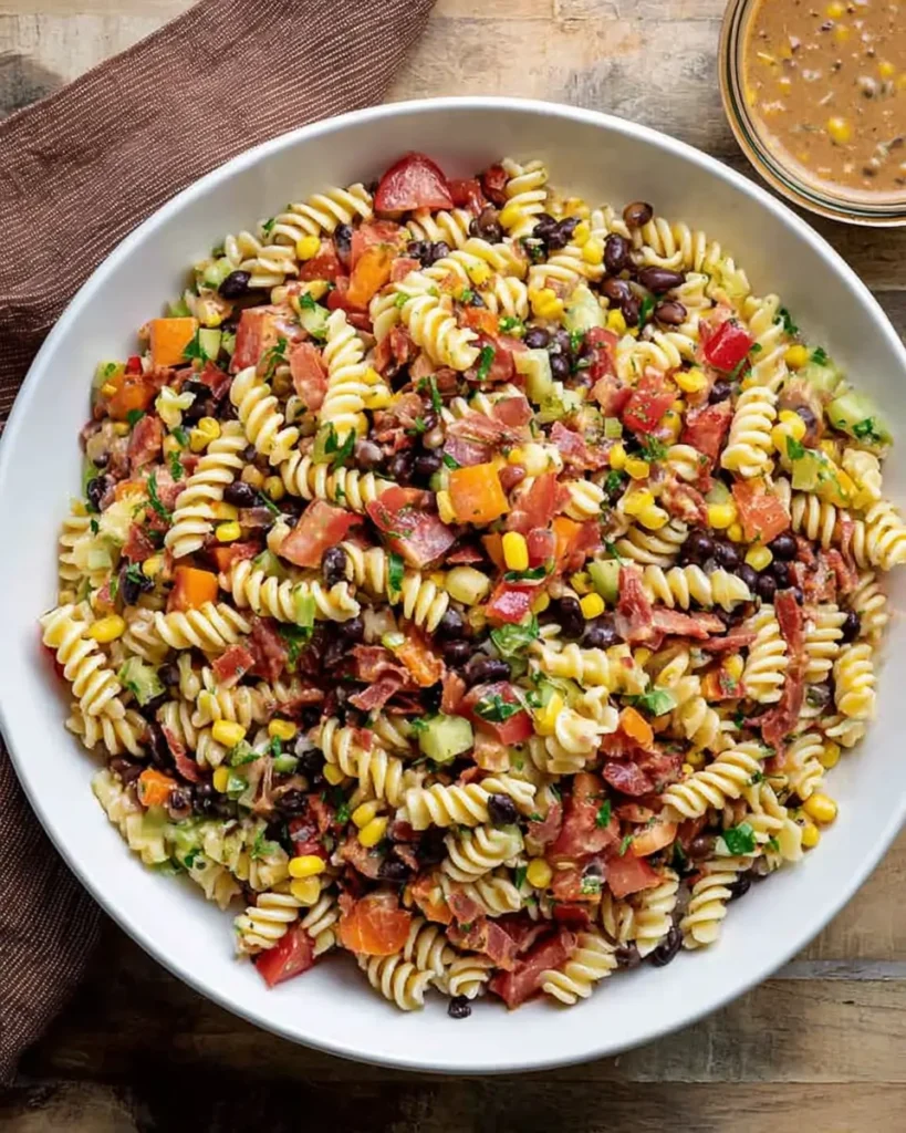 Pasta salad with cowboy caviar, black beans, corn, tomatoes, and crispy bacon